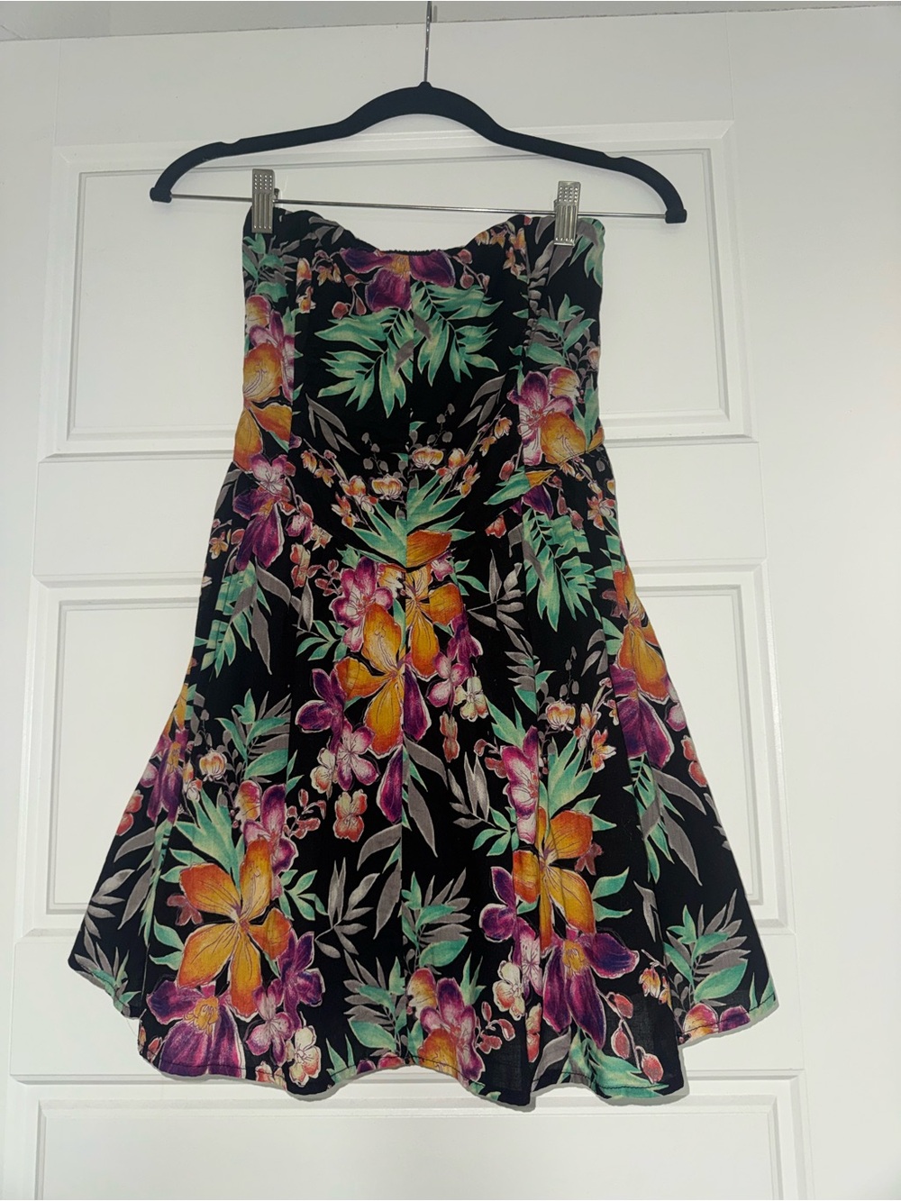 Boned Strapless Black Dress with Tropical Orange & Purple Floral Print